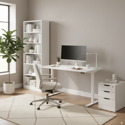 Core Electric Sit stand desk white top and white frame in an home office